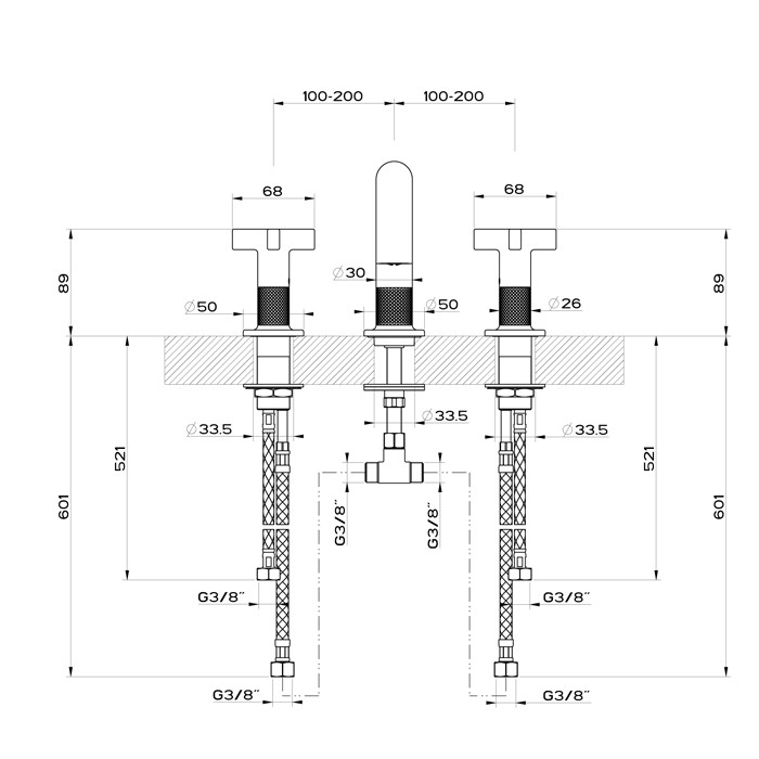 Gessi Смеситель для раковины на 3 отверстия без донного клапана, излив 140мм, h=145мм, Inciso, 58112#149 цвет: finox