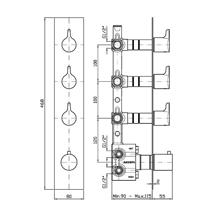 Zucchetti смеситель для душа, термостатический, встраиваемый, с переключателем на 3 потока, medameda, хром арт. ztm5661