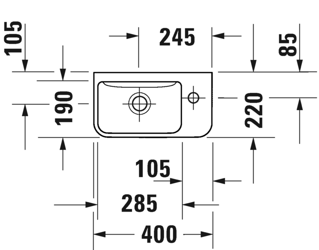 Duravit раковина ассиметричная подвесная с отверстием под смеситель справа, без перелива, me by starck, 0717400000 цвет: белый
