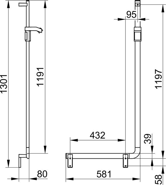 Keuco угловой поручень 90° левый 581/1301 мм, с держателем для лейки, axess, хром арт. 35006 011302