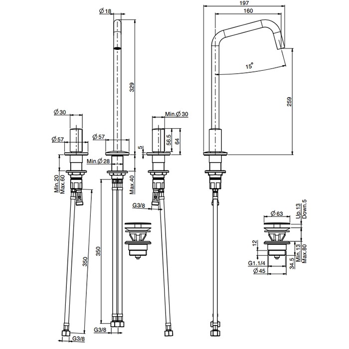 Fima Carlo Frattini смеситель для раковины, на 3 отв., с донным клапаном, so, черный арт. f3191dns