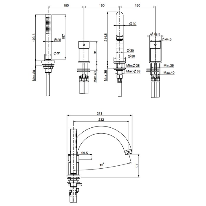Fima Carlo Frattini смеситель на борт ванны, на 4 отв., с ручным душем, spillo up, черный арт. f3044nns