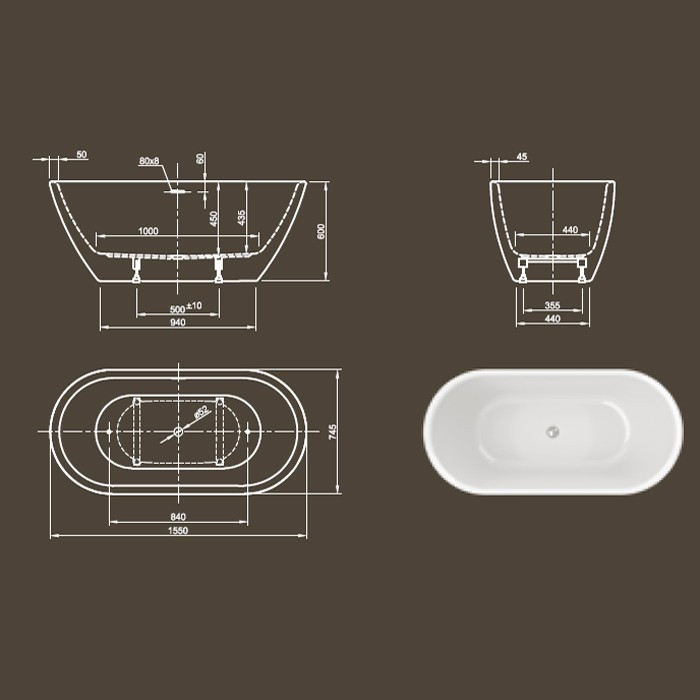 Knief ванна отдельностоящая, 155х75х60см., без слива-перелива, Form XS, 0100-257-06 0100-091-06 цвет: белый