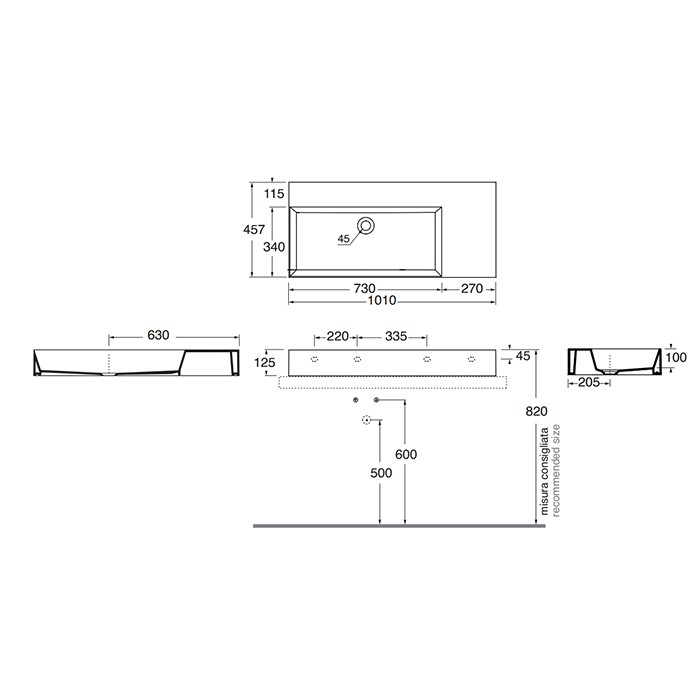 Azzurra раковина 102х46х12.5см., накладная, без отв., dx, Azzurra, ELLP10246RQ0*0 цвет: белый
