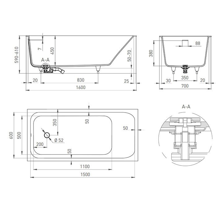 Salini ванна встраиваемая 160x70, orlanda, 102115grf цвет: глянцевый белый