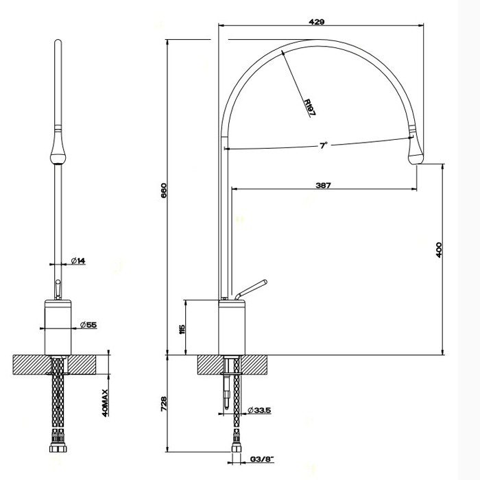 Gessi Смеситель для раковины на 1 отверстие, высокий, излив 387мм R=197, Goccia, 33606#031 цвет: хром