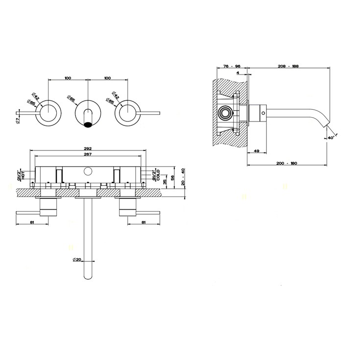 Gessi Встраиваемый смеситель для раковины на 3 отверстия с изливом, без донного клапана. цвет: шлифованная сталь, Flessa, 54094#239 цвет: шлифованная сталь