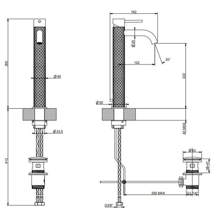Gessi Смеситель для раковины на 1 отв. с донным клапаном, h:305мм, излив: 123мм, 316, 54104#707 цвет: brushed black metal pvd