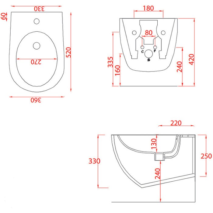 Биде подвесное 36х52 см, с креплениями, с 1 отв под смеситель, Artceram FILE 2.0, FLB001 17 30 цвет: черный