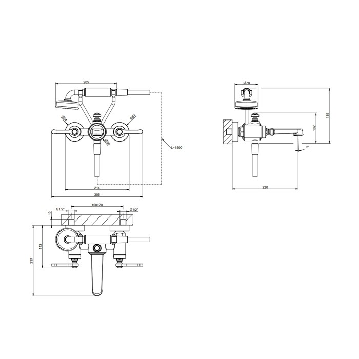 Gessi меситель для ванны настенный, двухвентильный, с ручным душем и шлангом 1500 мм., Venti20, 65113#031 цвет: хром