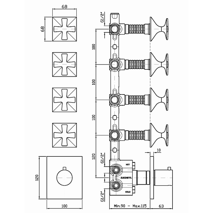 Zucchetti смеситель для душа, встраиваемый, термостатический, с 4 запорными клапанами, bellagio, золото арт. zb1662.c40