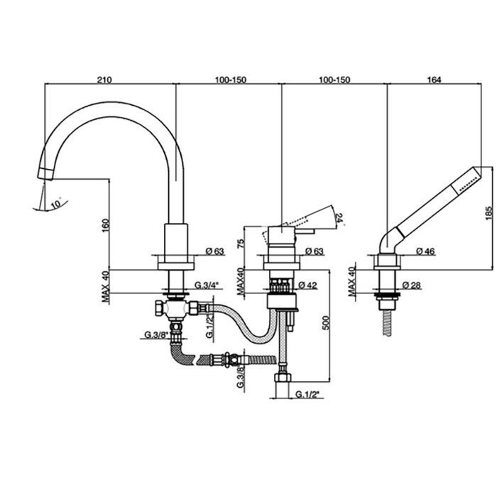 Cisal смеситель на борт ванны на 3 отв. с ручной лейкой ln00126040 less new, цвет: черный
