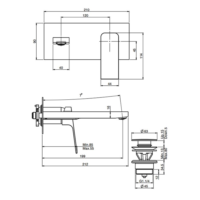 Fima Carlo Frattini смеситель для раковины, встраиваемый, излив: 21.2см., с донным клапаном, fit, черный арт. f3391wlx5ns