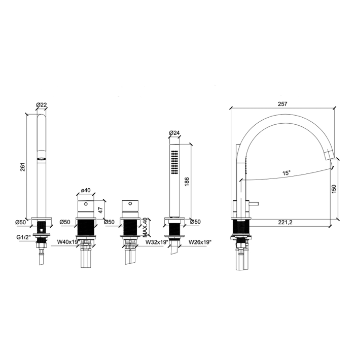 Смеситель на борт ванны на 4 отверстия с ручной лейкой, Almar Round, оружейный металл арт. E214006.GM