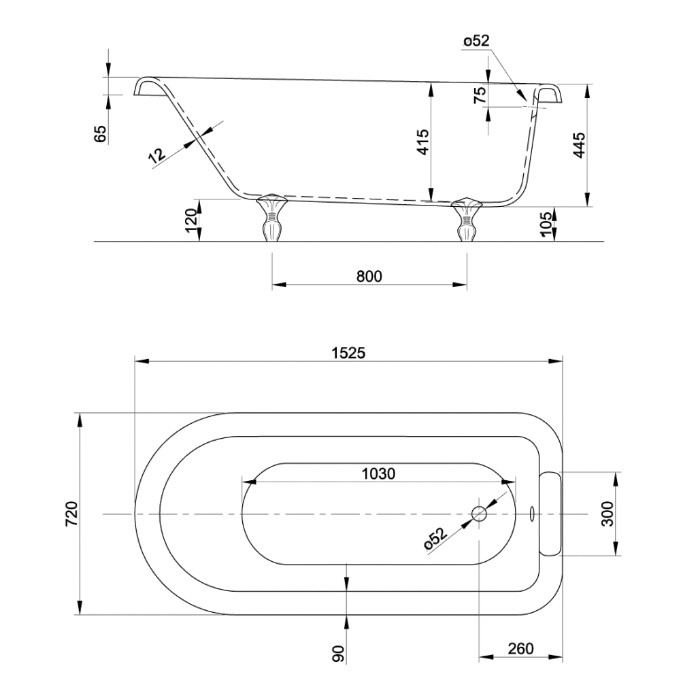 Knief ванна 152.5x72x55см., на ножках хром, без слива-перелива, ROLL TOP, 0100-065-02 0100-091-01 цвет: белый