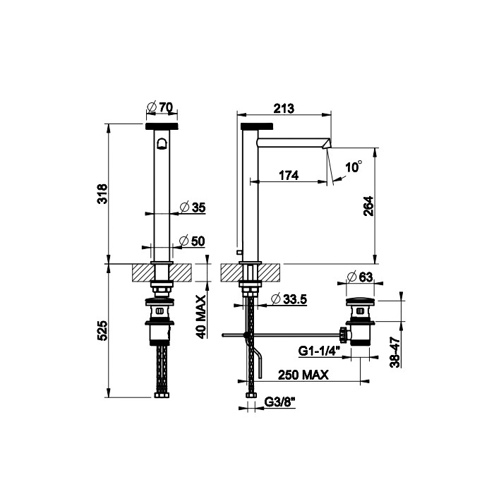 Gessi Смеситель для раковины высокий с длинным изливом, с донным клапаном, Anello, 63305#031 цвет: хром