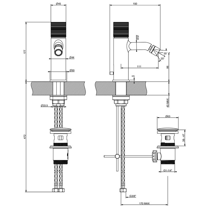 Gessi Смеситель для биде, 1 отв., с донным клапаном, Habito Trame, 70307#031 цвет: хром