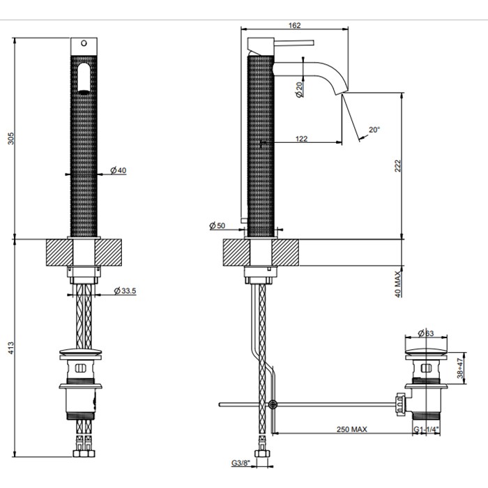 Gessi Смеситель для раковины на 1 отв., высокий h:305мм, с донным клапаном, излив: 123мм, 316, 54204#707 цвет: brushed black metal pvd