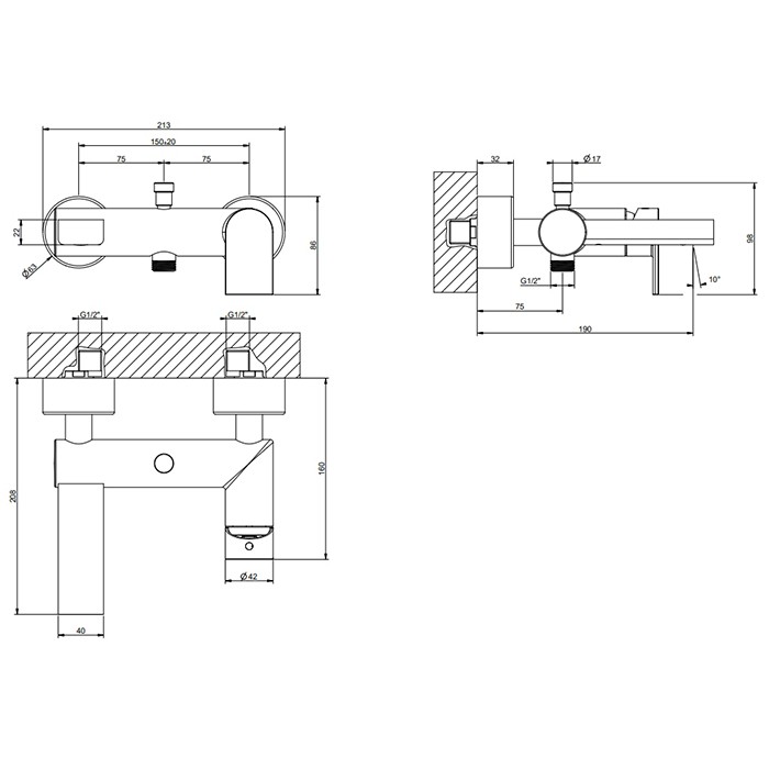 Gessi Смеситель для ванны, подвесной, с автоматическим переключателем ванна-душ, Black XL, Emporio Via manzoni, 38613#299 цвет: black xl
