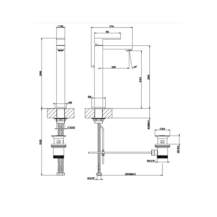 Gessi Смеситель для раковины с донным клапаном и высоким изливом 128мм, Rettangolo, 11921#299 цвет: black xl