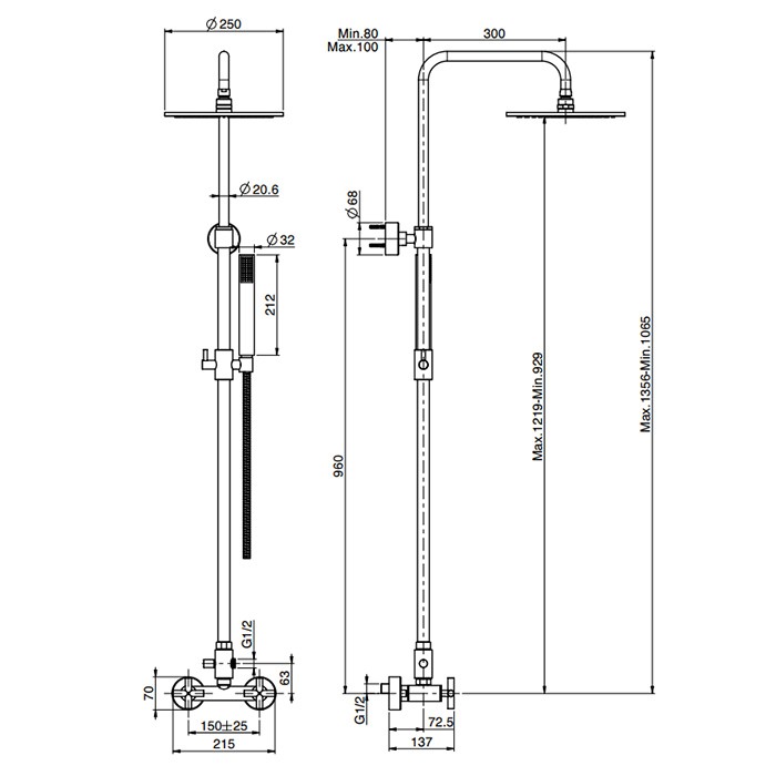 Fima Carlo Frattini душевая система: смеситель для душа внешнего монтажа, с душевой штангой, верхним душем d 250 мм. и душевым комплектом maxima, чёрный арт. f5305/2ns