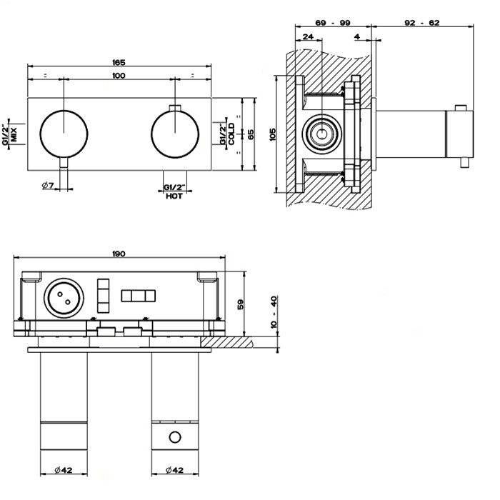 Gessi Термостатический смеситель, с подключением на 3/4”, фильтрами и вентилем с керамическими дисками, на одну позицию, Shower316, 54032#239 цвет: шлифованная сталь