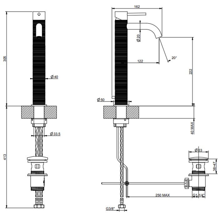 Gessi Смеситель для раковины на 1 отв., высокий, h:305мм, с донным клапаном, излив: 123мм, 316, 54304#707 цвет: brushed black metal pvd