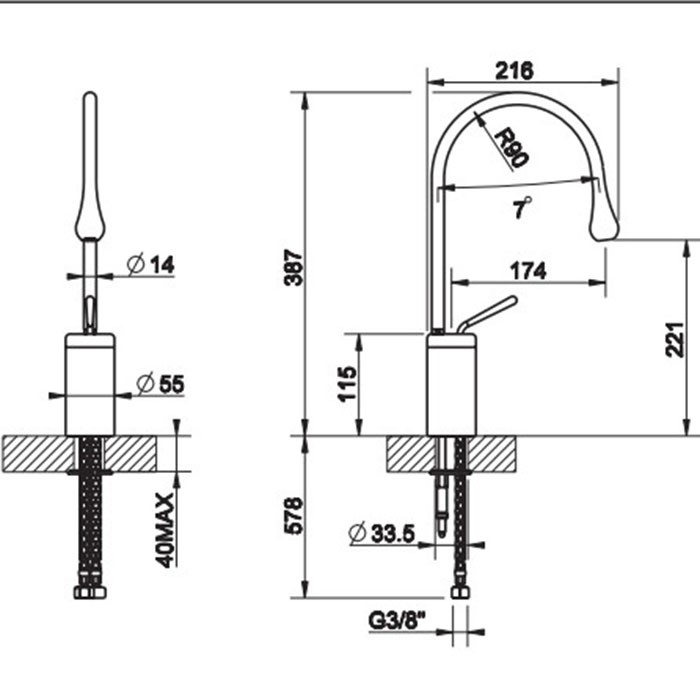 Gessi Смеситель для раковины на 1 отверстие, высокий, излив 174мм R=90, с фиксированным носиком, Goccia, 33805#279 цвет: белый