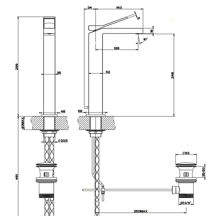 Gessi Смеситель для раковины на 1 отверстие, с донным клапаном, излив 128мм, Rettangolo, 53005#299 цвет: черный