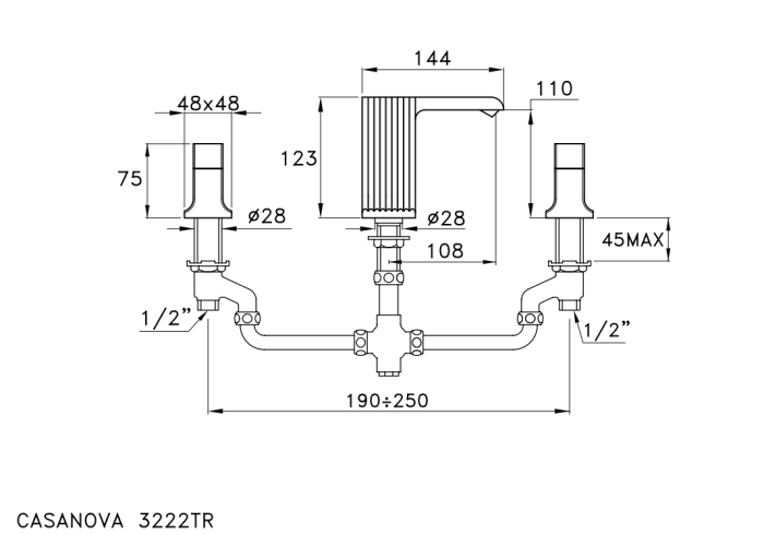 Смеситель для раковины на 3 отверстия без донного клапана излив 108 мм, Stella Casanova, никель арт. CS00009PV02
