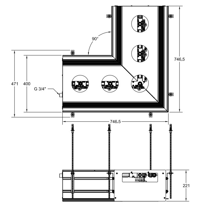 Gessi Профиль угловой 740х740 мм, для 5 модулей, установка Easy-Fix, Binario, 61151 цвет: black xl