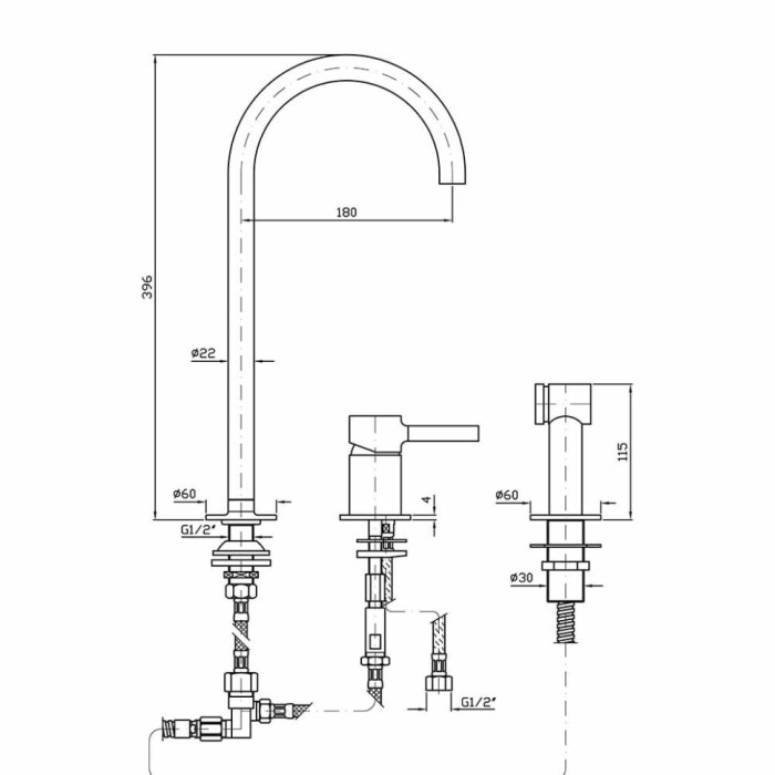 Zucchetti однорычажный смеситель для мойки на 3 отверстия, pancucina, хром арт. zp6278