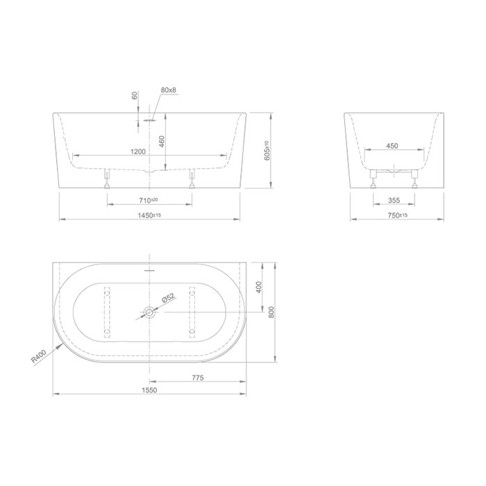 Knief ванна пристенная 155х80х60см., с щелевым переливом, без слив-перелива, Fresh Wall XS, 0100-235-06S цвет: белый