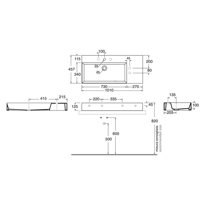 Azzurra раковина 102х46х12.5см., накладная, 1 отв., dx, Azzurra, ELLP10246RQM*1 цвет: белый