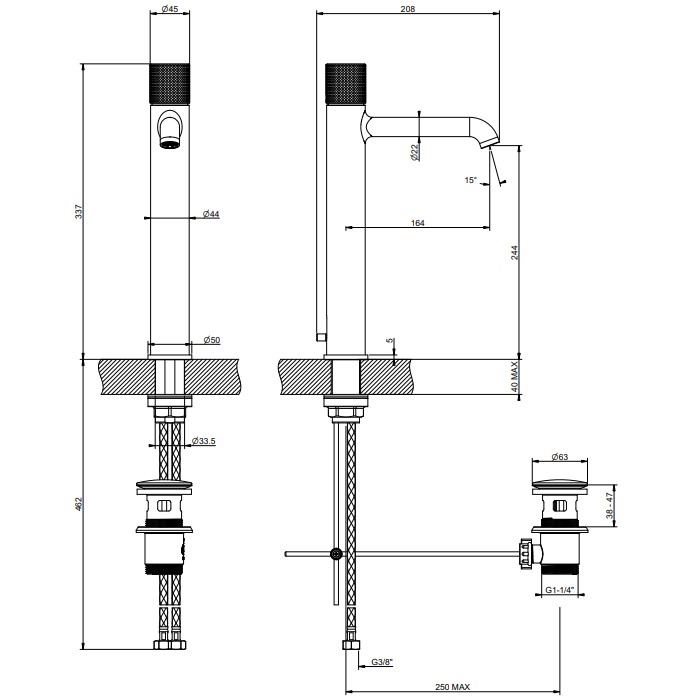 Gessi Смеситель для раковины, 1 отв., высокий, с донным клапаном, Habito Cesello, 70403#299 цвет: black xl