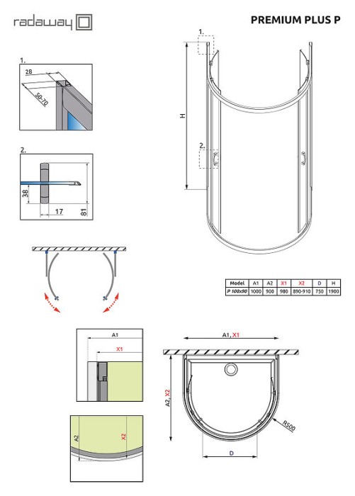 Radaway душевой уголок 1900 100x90 профиль хром стекло прозрачное, Premium Plus - 33300-01-01N