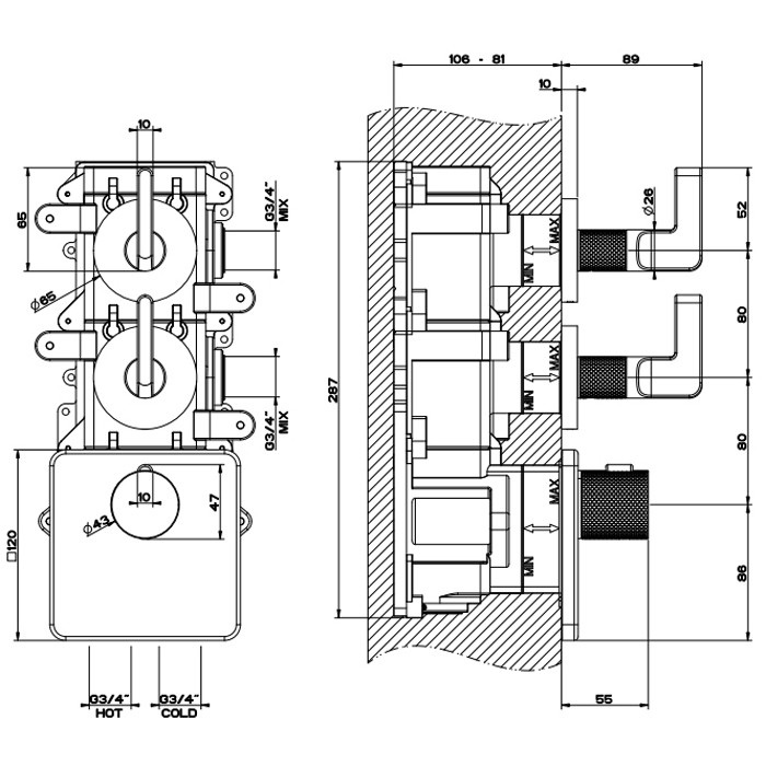 Gessi Встраиваемый термостатический смеситель на 2 источника, резьба 3/4" (внешние части), Inciso, 58214#299 цвет: nero xl