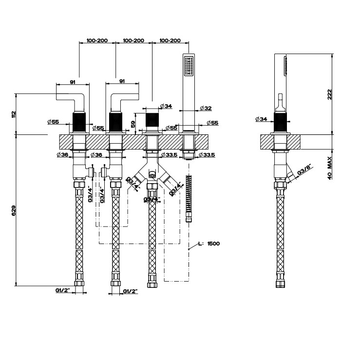 Gessi Смеситель для ванны, 4 отв., с ручным душем и шлангом 150 см, Inciso, 58043#031 цвет: хром