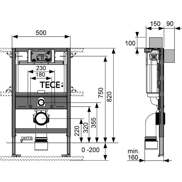 TECE модуль для установки унитаза, с фронт/верт. расположением панели смыва, высота h820мм, без крепления к стене, base - 9300001