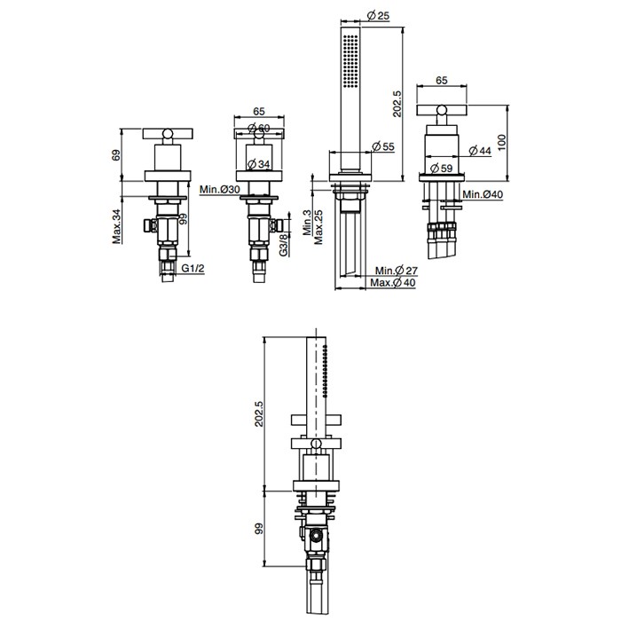 Fima Carlo Frattini смеситель на борт ванны, на 4 отв., с ручным душем, maxima, черный арт. f5314/2ns