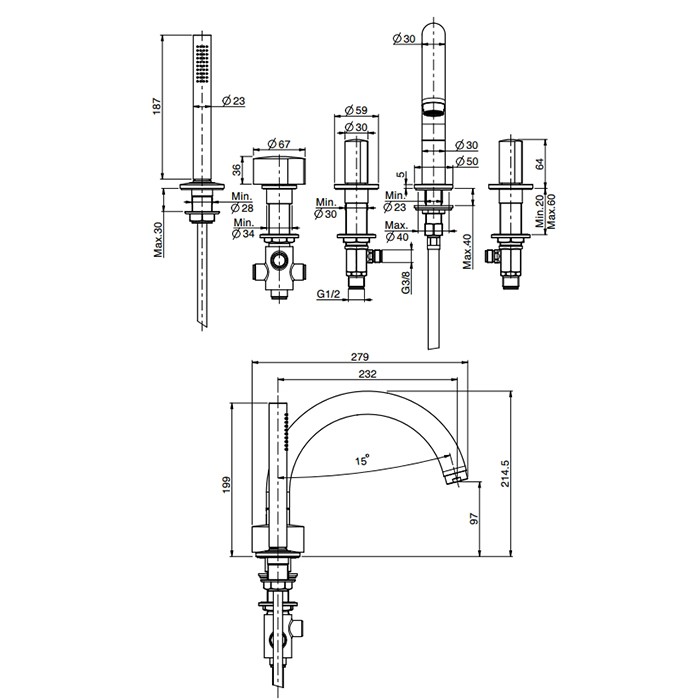 Fima Carlo Frattini смеситель на борт ванны, с 5 отв., с ручным душем, so, черный арт. f3174ns