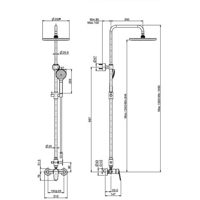 Fima Carlo Frattini душевая стойка, верхний душ 25см., со смесителем, с держателем и ручным душем colonne doccia, хром арт. f3035t/2gcr
