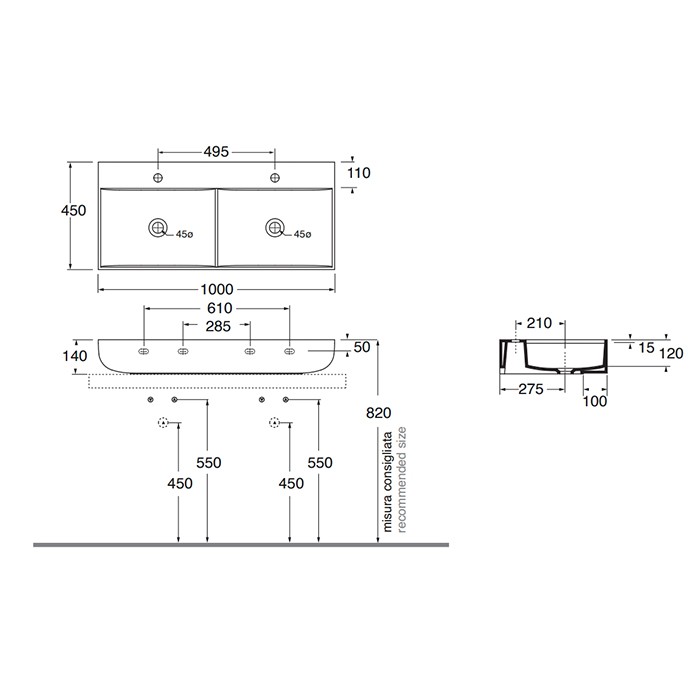 Azzurra раковина 100х45х14см., двойная, накладная, 1 отв., Azzurra, LELP10045D0MBI*0 цвет: белый