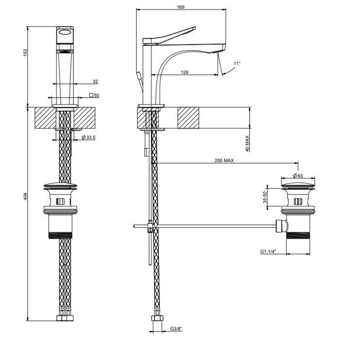 Gessi Смеситель для раковины на 1 отв. с донным клапаном h=153мм, излив 126мм, Rilievo, 59001#031 цвет: хром