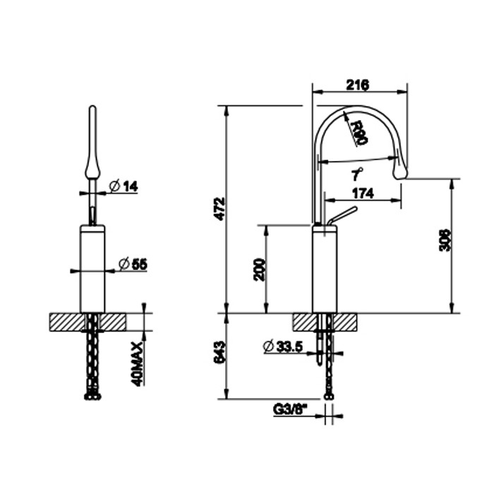 Gessi Смеситель для раковины на 1 отверстие, высокий, излив 174мм R=90, с фиксированным носиком, Goccia, 33809#031 цвет: хром