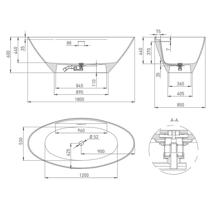 Salini ванна отдельностоящая 178x85,5, diva, 102211g цвет: глянцевый белый
