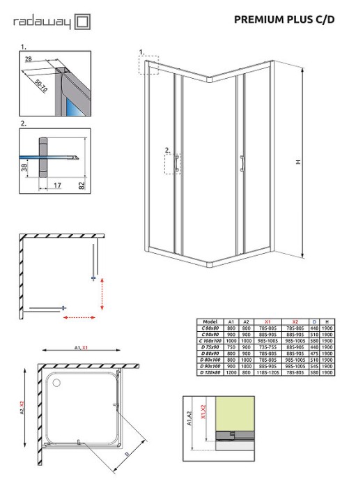 Radaway душевой уголок 1900 120x80 профиль хром стекло прозрачное, Premium Plus - 30435-01-01N