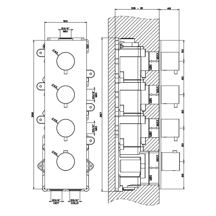 Gessi Встраиваемый термостатический смеситель на 3 источника, резьба 3/4", 316, 54516#239 цвет: steel brushed