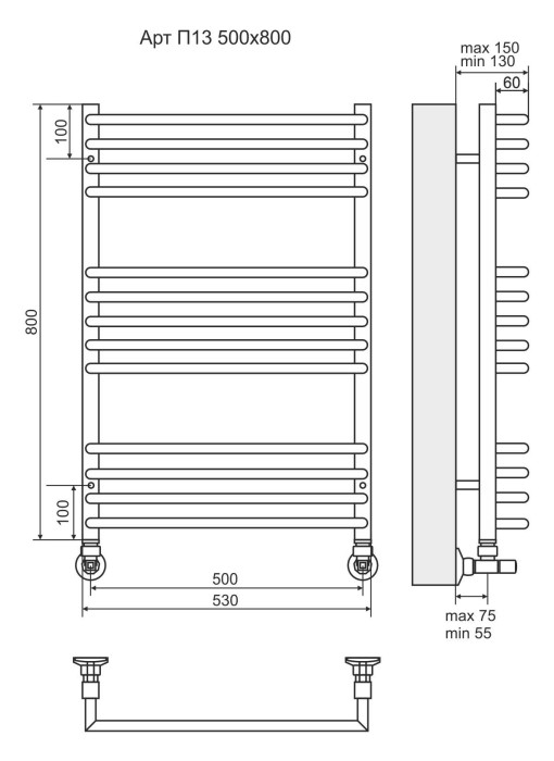 Terminus водяной полотенцесушитель арт п13 500х800, люкс арт. 4670078513373