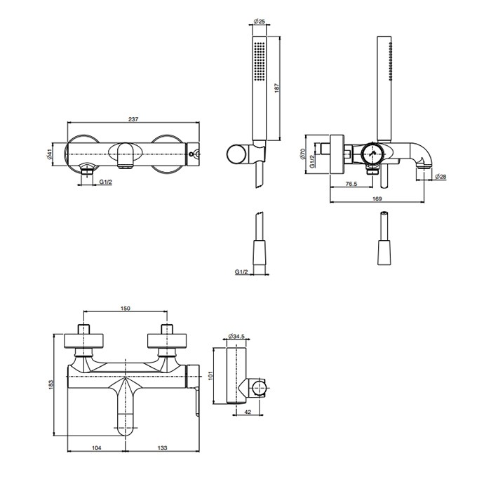 Fima Carlo Frattini смеситель для ванны, настнный, с ручным душем, snap, черный арт. f3114ns